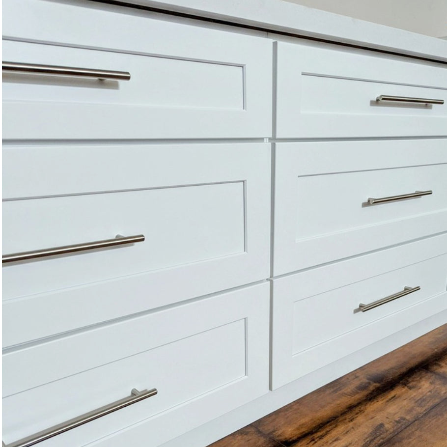 Cosmas 305-224SN Satin Nickel Euro Style Bar Pull on white cabinets