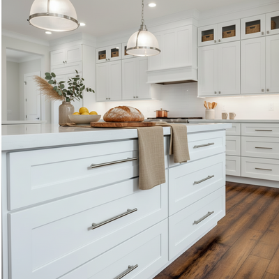 Modern kitchen with white cabinets, wooden floor, and decorative elements.