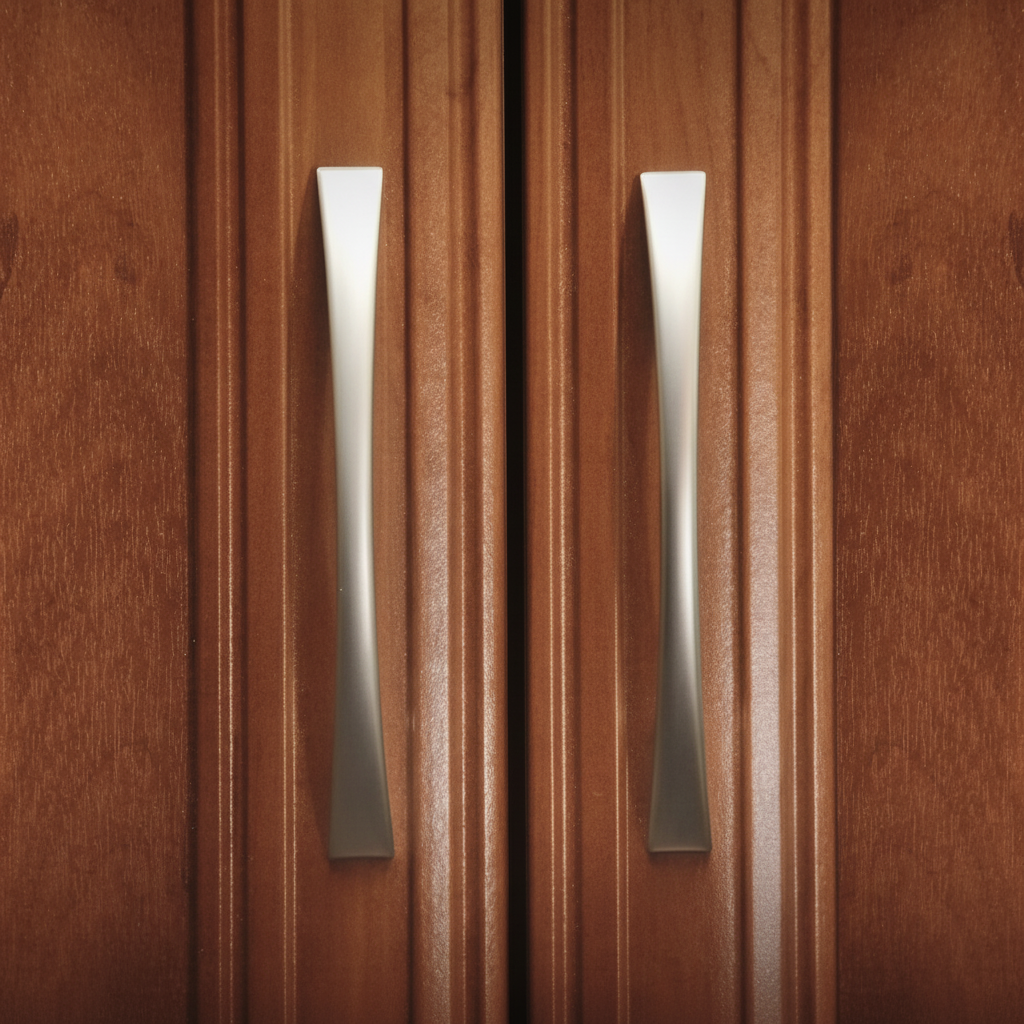 satin nickel brushed cabinet pulls on a wood cabinet door 