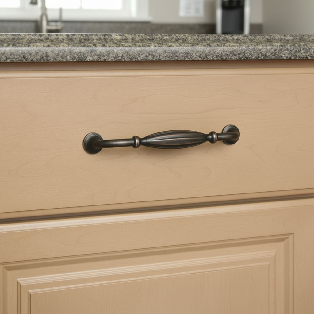 Beige cabinet with a black handle in a kitchen setting