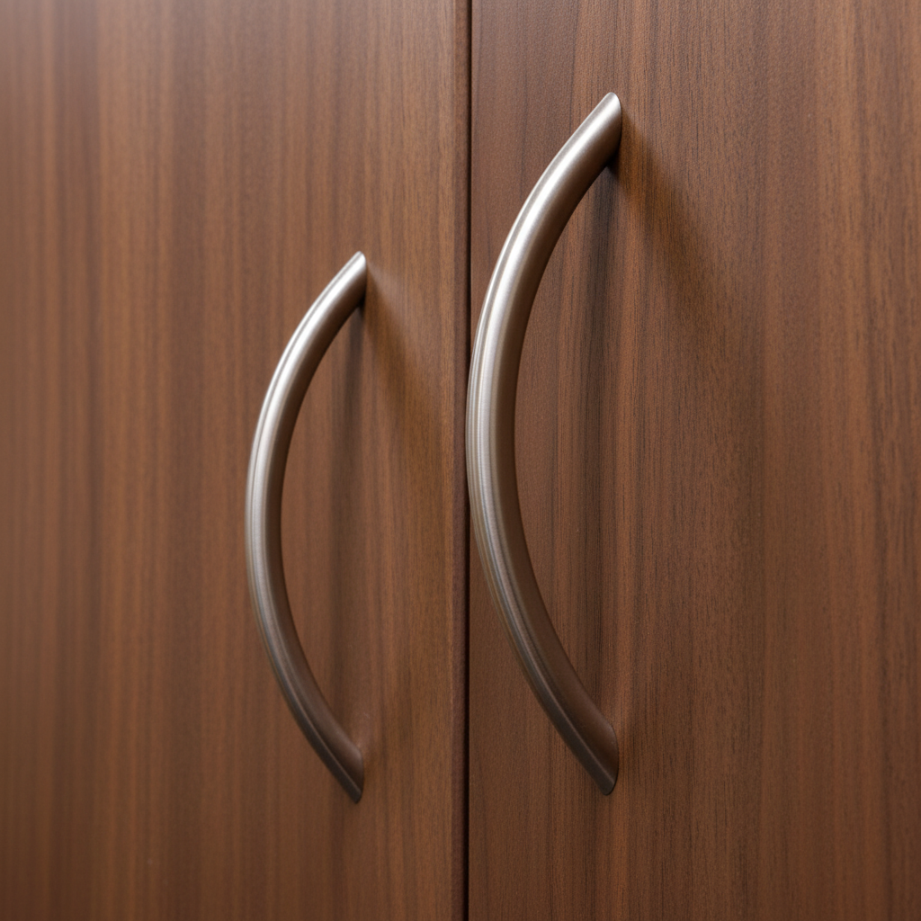 Close-up of two metallic handles on a wooden cabinet.