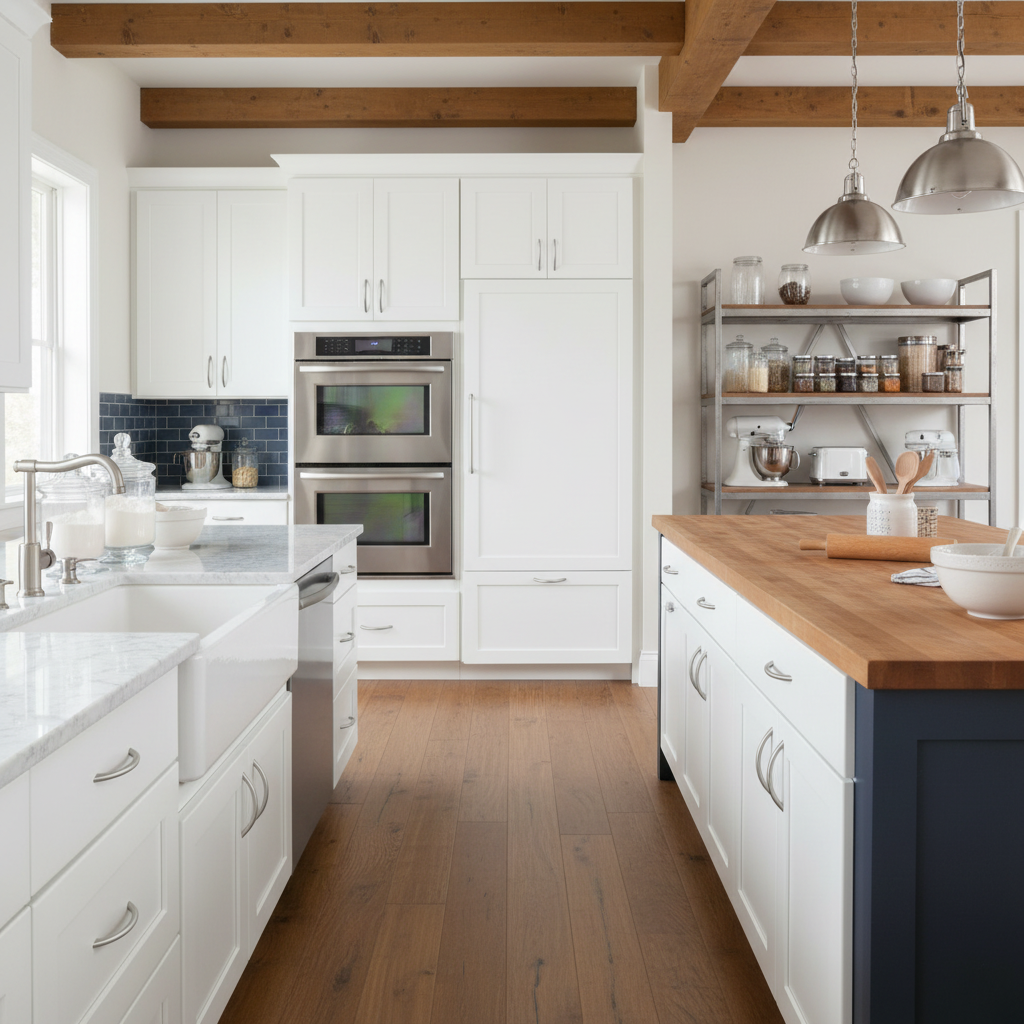 Modern kitchen with white cabinets, wooden floor, and stainless steel appliances.