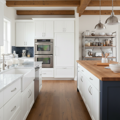 Modern kitchen with white cabinets, wooden floor, and stainless steel appliances.