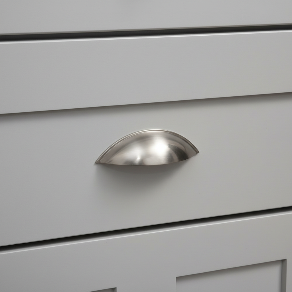 Close-up of a silver cabinet handle on a gray drawer