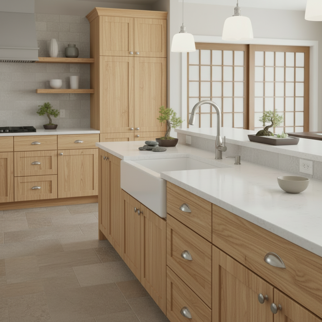 Modern kitchen with wooden cabinets, white countertops, and a sink.