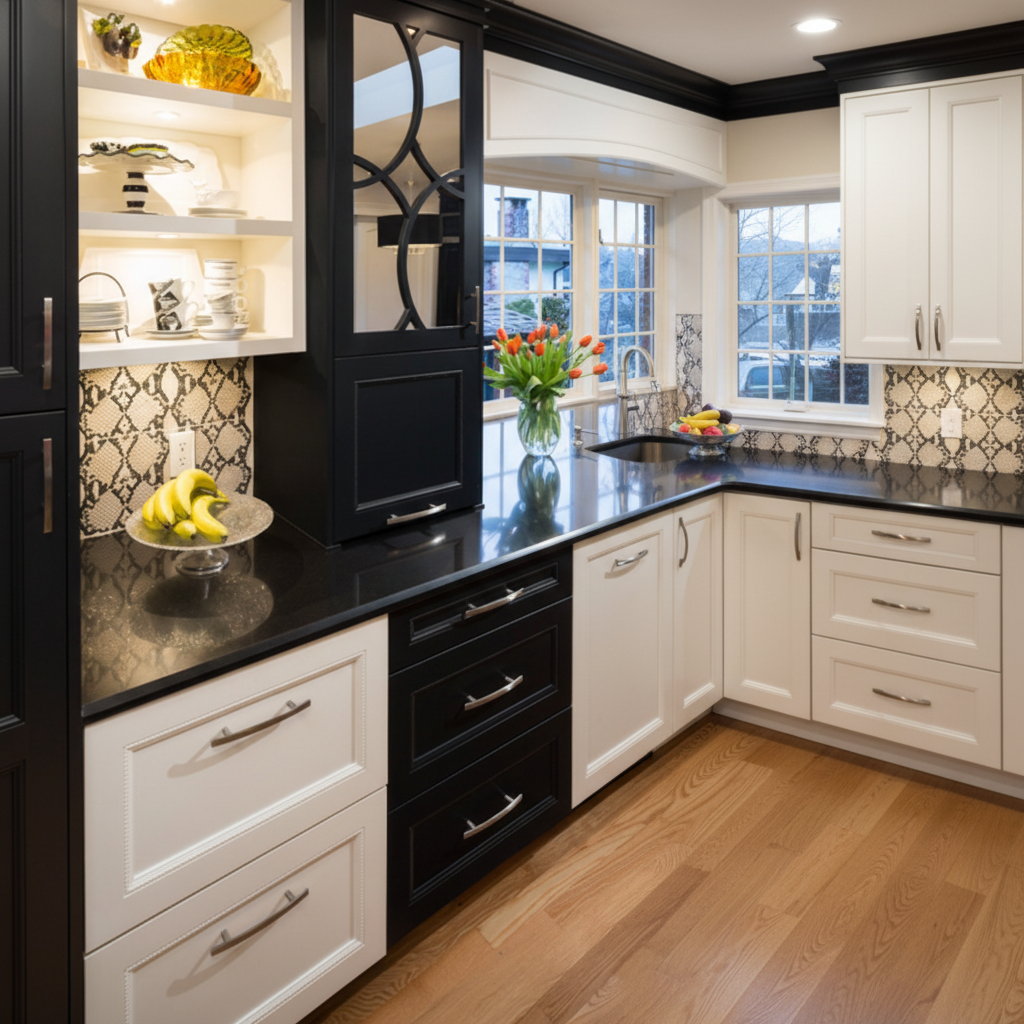 Modern kitchen with black and white cabinetry, granite countertops, and decorative elements.