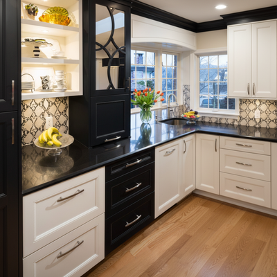 Modern kitchen with black and white cabinetry, granite countertops, and decorative elements.