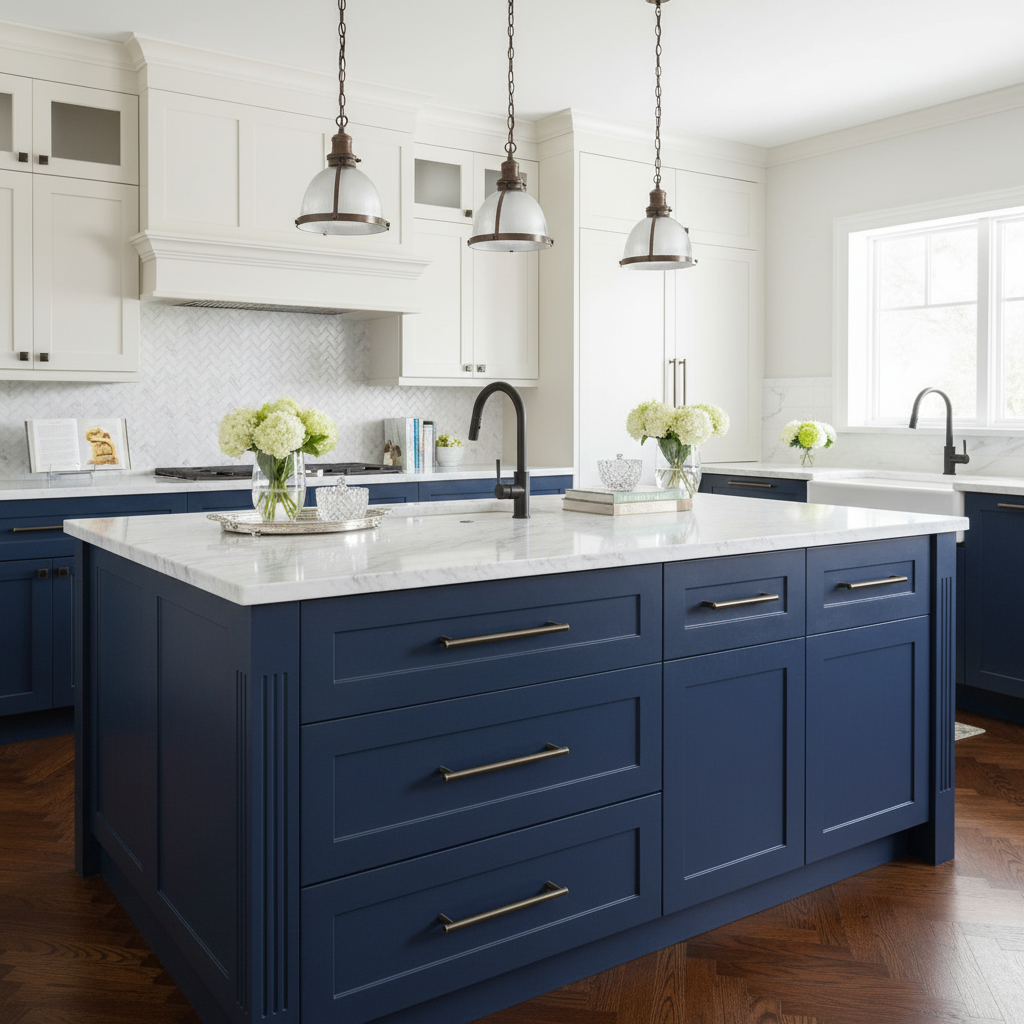 bronze cabinet pulls in a 
kitchen with blue island and white countertops