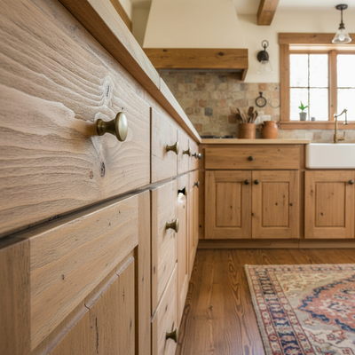 Wooden kitchen cabinets with a view of a kitchen counter and sink and brushed antique brass cabinet knobs. 