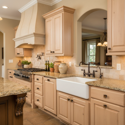 European style kitchen with oil rubbed bronze amber glass kitchen knobs with beige cabinets, granite countertops, and a white farmhouse sink.