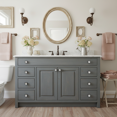 glass cabinet knobs on a gray vanity with gray cabinet, round mirror, and decorative elements.