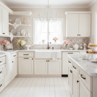 Modern kitchen with white cabinets, marble countertops, and decorative elements.