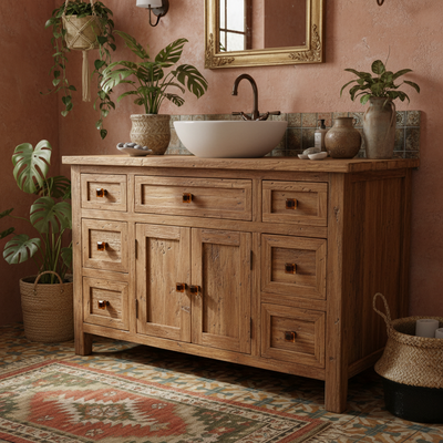 Glass amber square knobs on a wooden vanity with a sink in a bathroom setting with plants and decorative items.