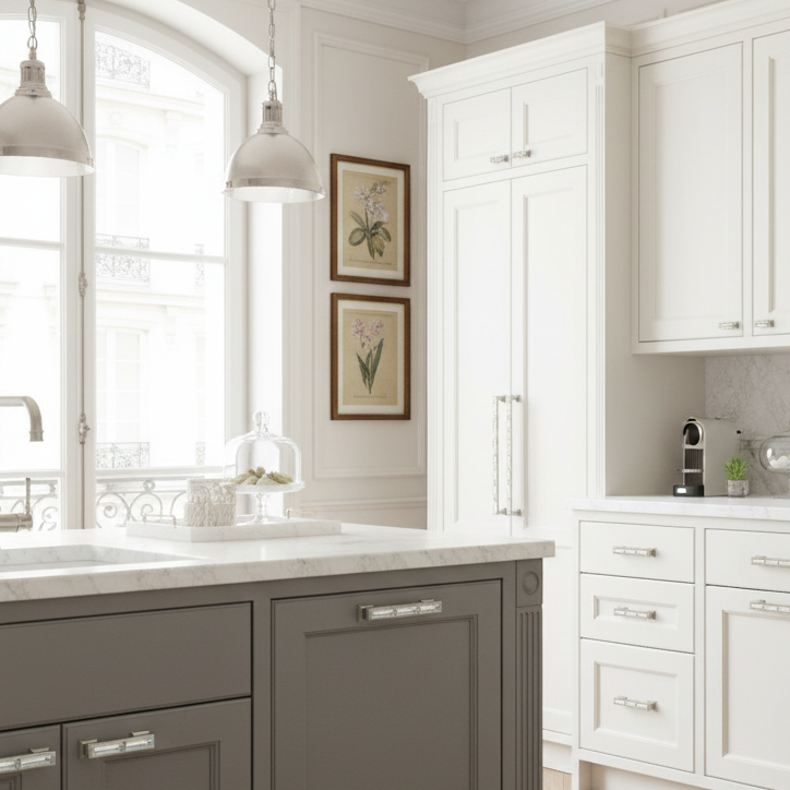 Modern kitchen with white cabinets, gray island, and decorative elements.