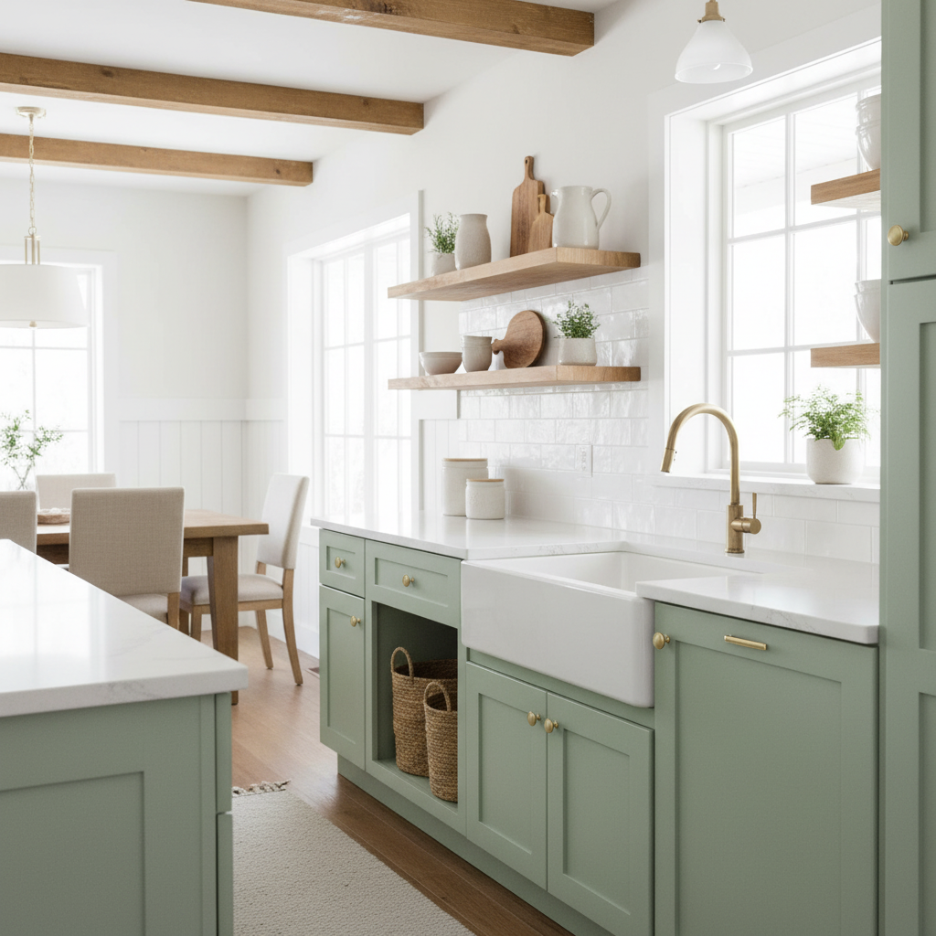 Brushed antique brass fixtures in a modern country kitchen with green cabinets, white countertops, and wooden shelves.