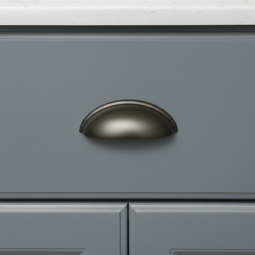 Graphite finish of cabinet cup pull on a blue cabinet drawer