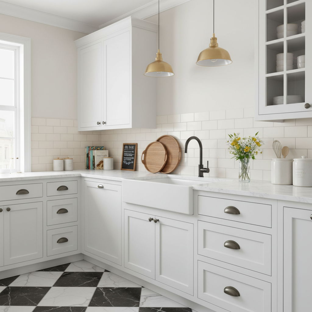 Graphite cup pull installed on white cabinet drawers in a bistro style kitchen