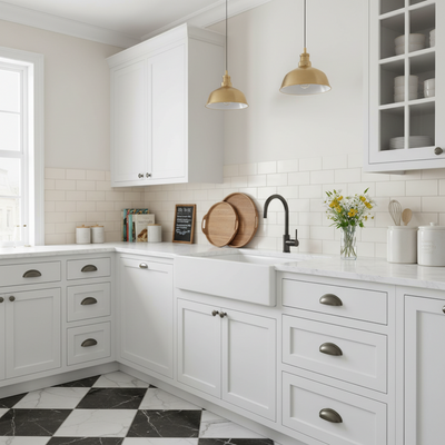 Graphite cup pull installed on white cabinet drawers in a bistro style kitchen