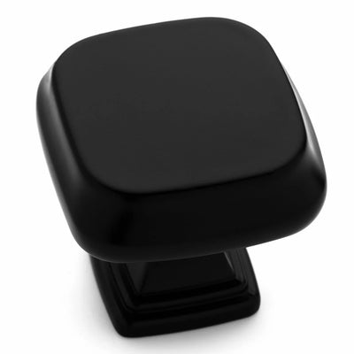 black cabinet knob - square and solid metal on a white stark background 