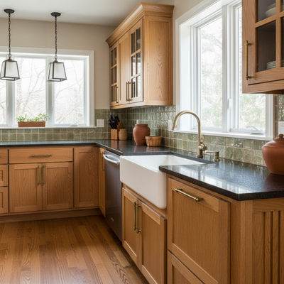 Brushed antique brass cabinet pulls in a modern kitchen with wooden cabinets, a white sink, and a green backsplash.
