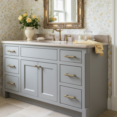 Antique brushed brass cabinet pulls installed on a bathroom vanity with floral arrangement and decorative mirror
