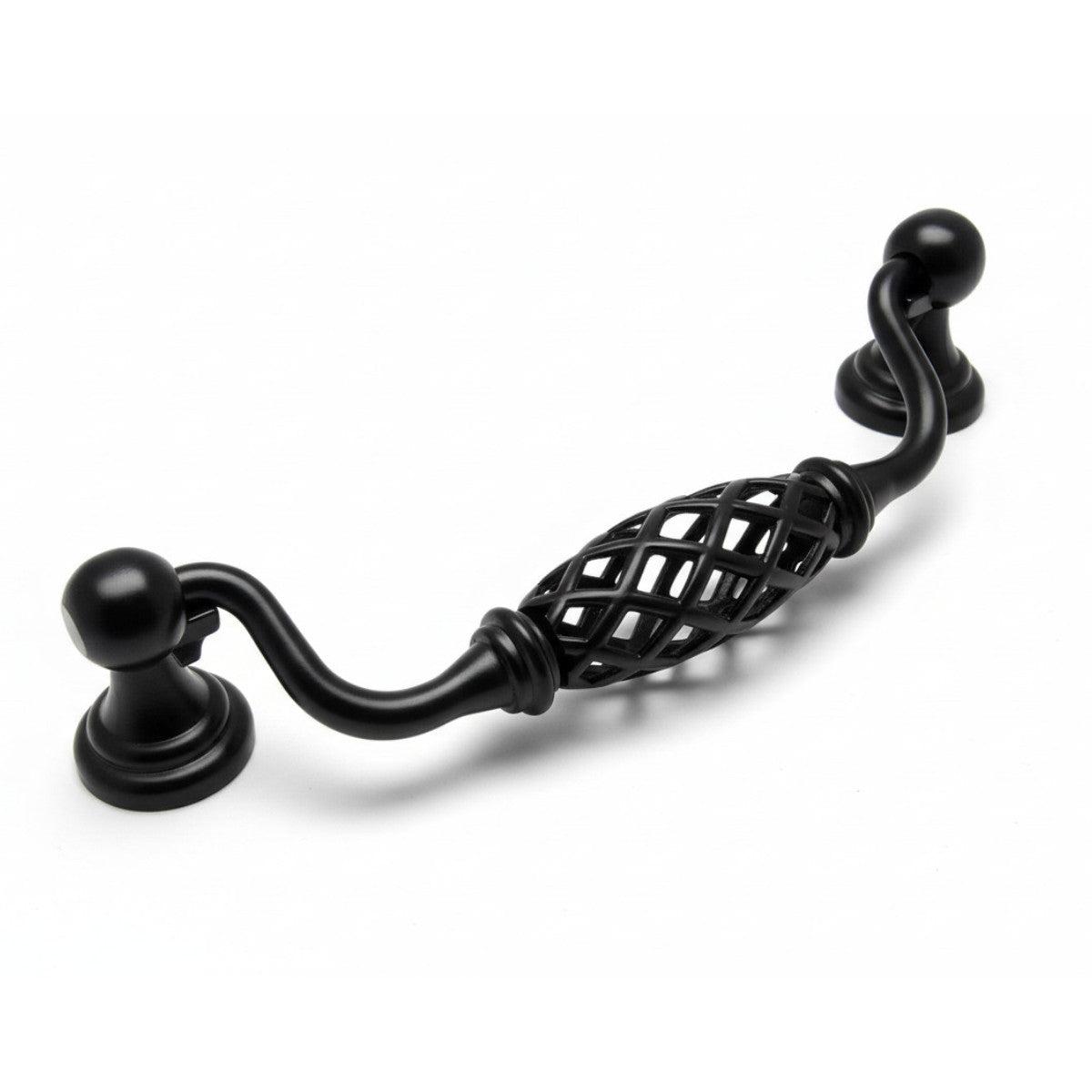Black birdcage cabinet handle on a white background