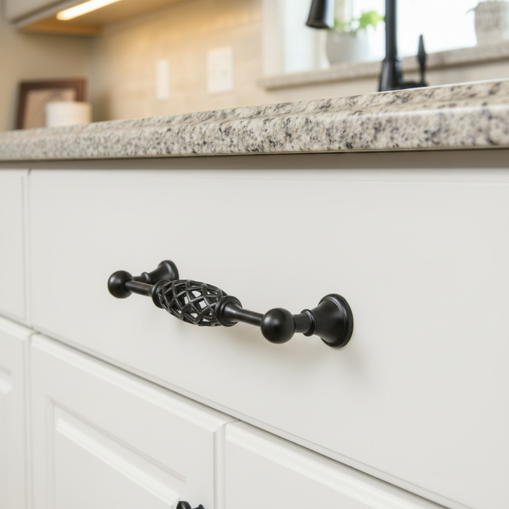 Decorative black cabinet handle on a beige kitchen cabinet with granite countertop.