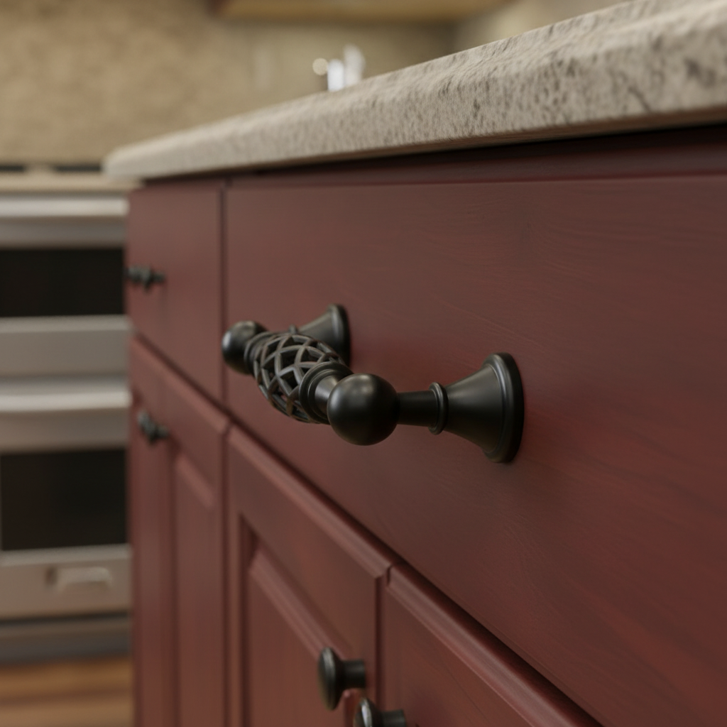 Black cabinet handle with intricate design on a white background