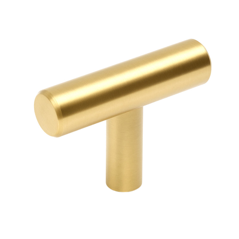 Brushed brass t-bar cabinet knob on a white background