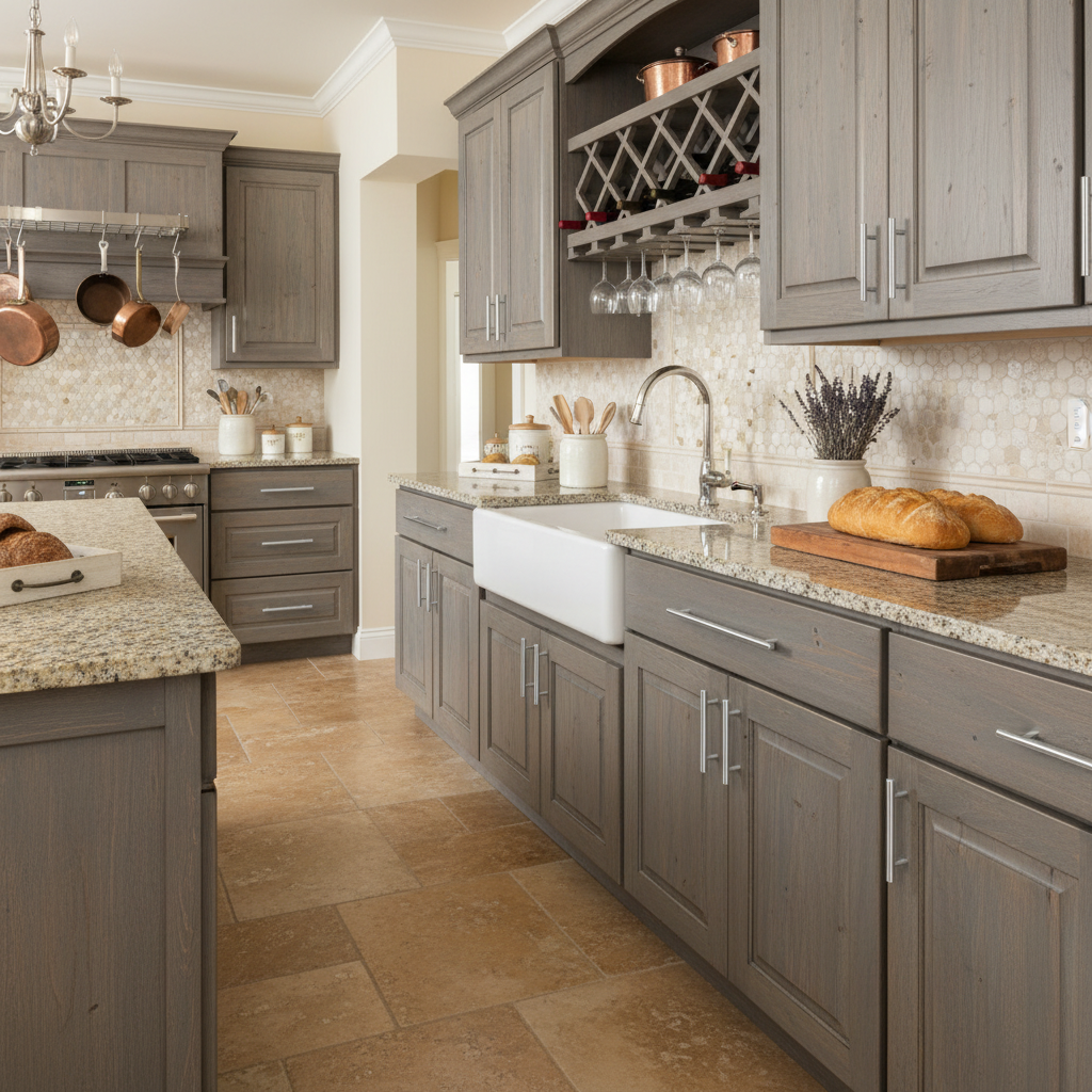 White kitchen cabinets with silver handles on a dark countertop.