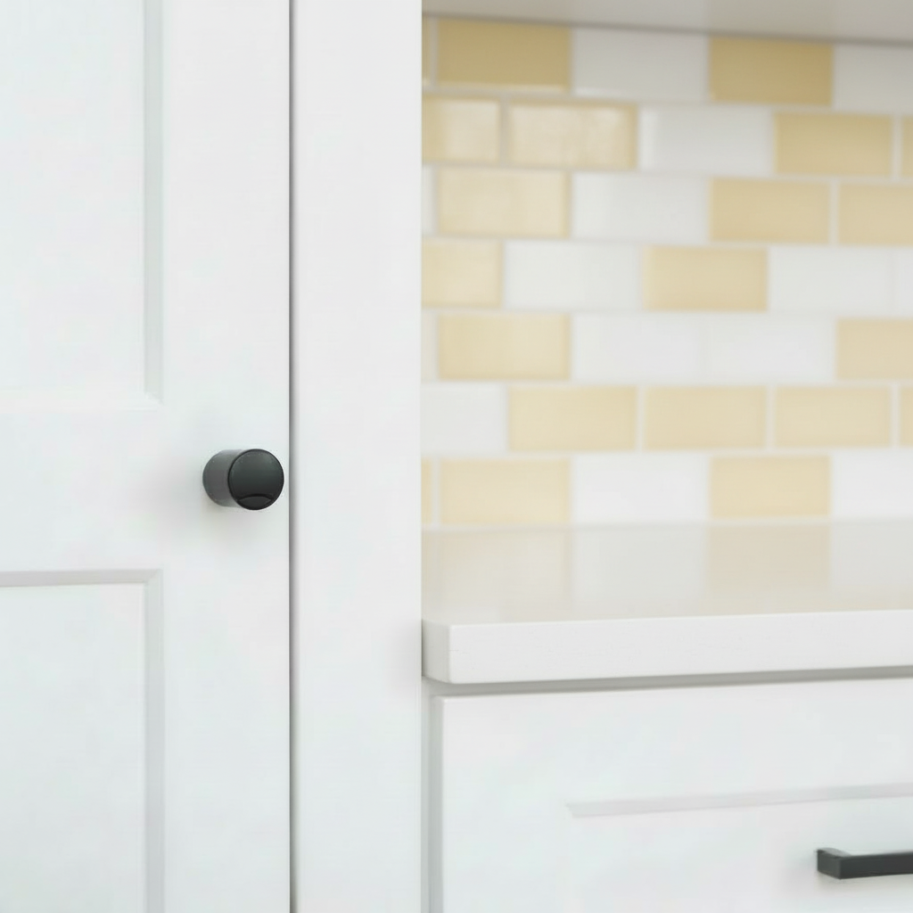 Close-up of a modern kitchen cabinet with a geometric tile backsplash.
