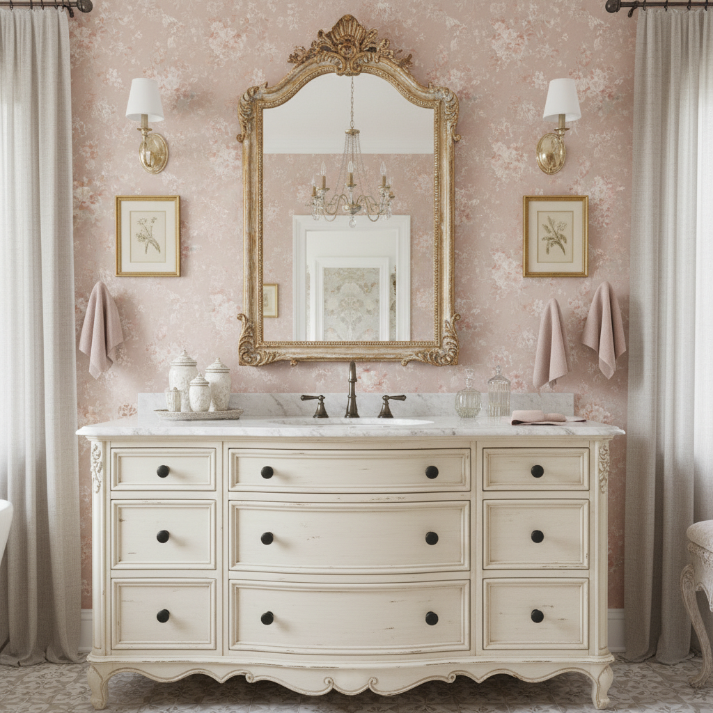 Bathroom vanity with ornate mirror and decorative wall lights in a pink-themed room.