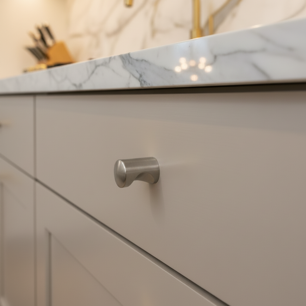 Close-up of a kitchen cabinet with a marble countertop and blurred background