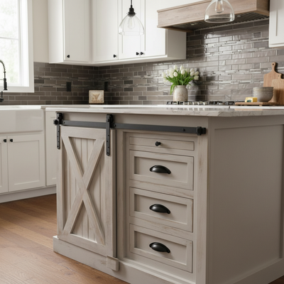 Kitchen with gray cabinets, white countertop, and tiled backsplash.