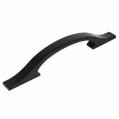 black cabinet pull on a white stark background 
