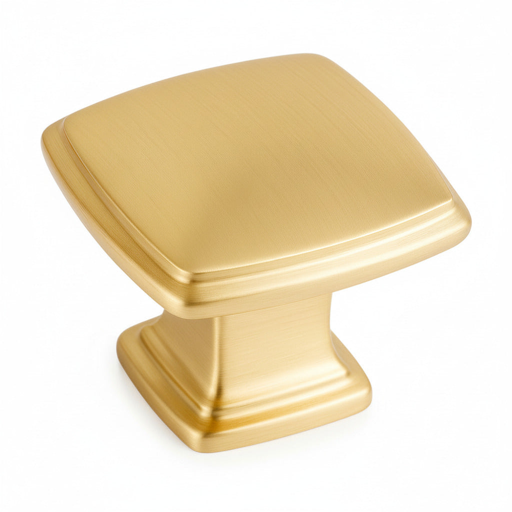 Square brushed brass cabinet knob on a white background