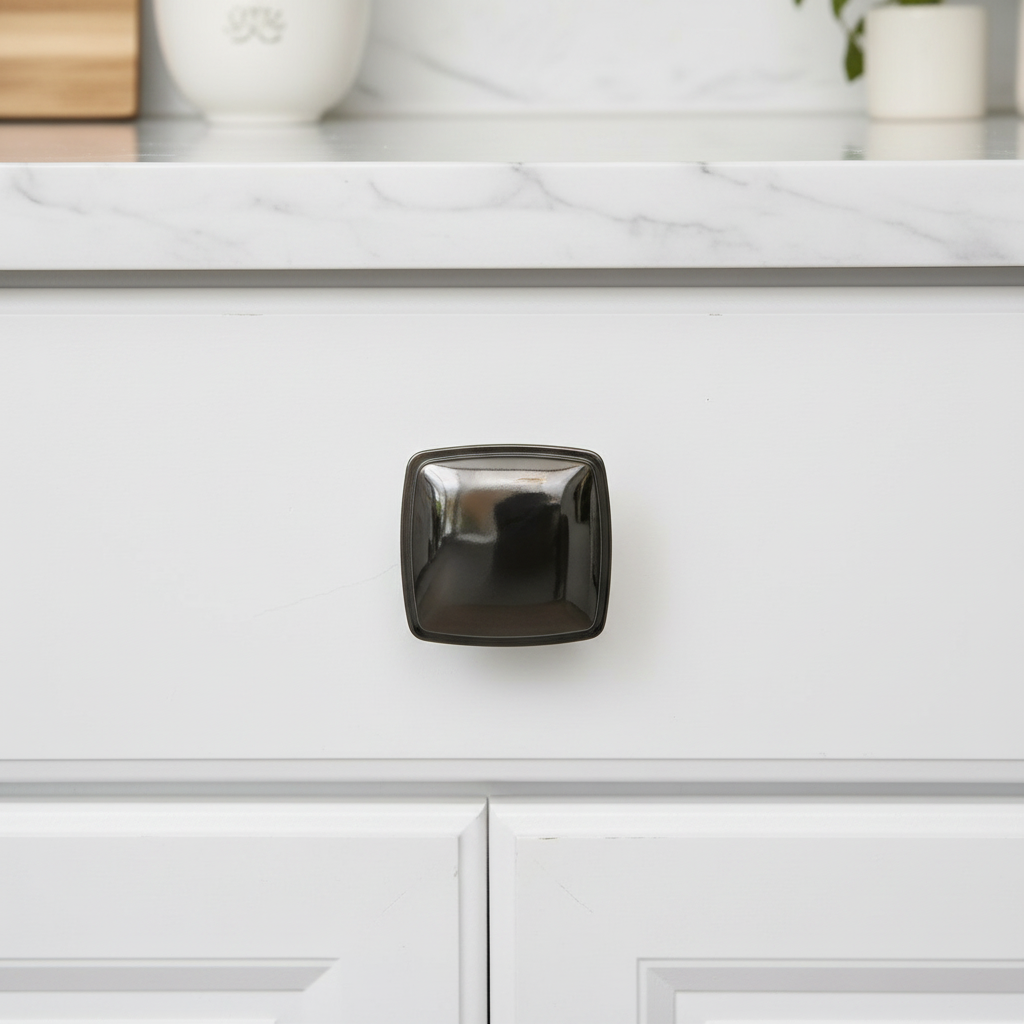 A square-shaped, glossy dark bronze cabinet knob mounted on a white drawer front in a kitchen setting.