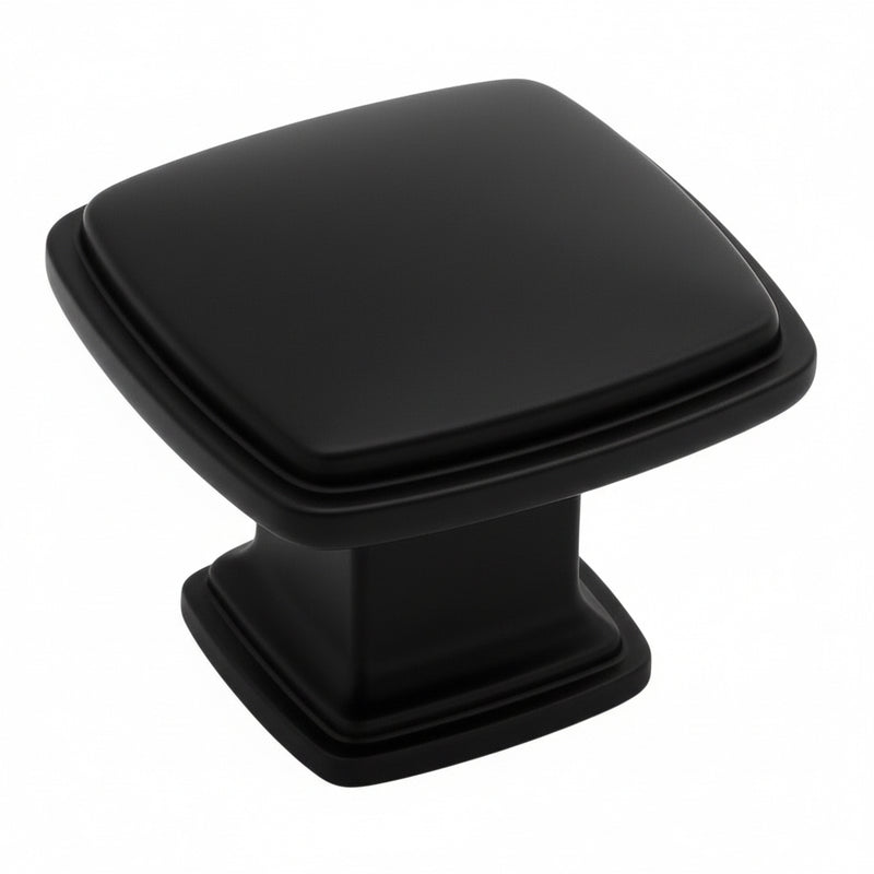 Black square cabinet knob on a white background