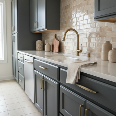 Brushed antique brass cabinet handles on a modern kitchen with gray cabinets, white countertops, and gold fixtures.