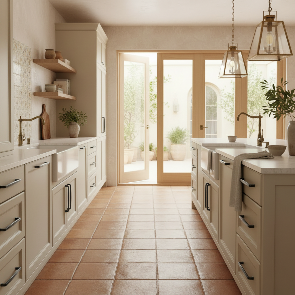 A bright, modern kitchen with cream-colored cabinets, terracotta tile flooring, and a double glass door at the back leading to a sunlit patio.