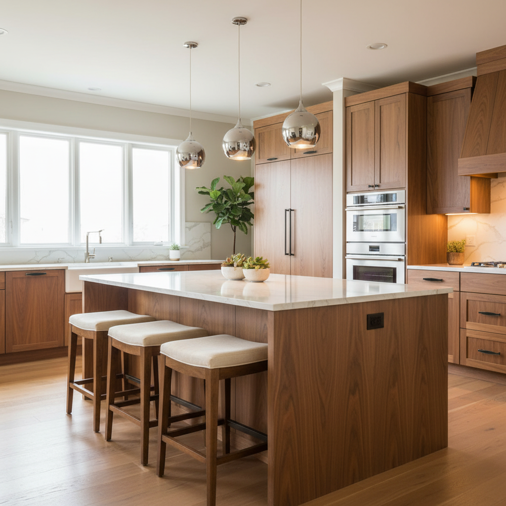 A modern kitchen island with a wood-look cabinet base and white stone top, surrounded by four bar stools with cream cushions. The kitchen features matching wood cabinetry, built-in stainless steel appliances, pendant lights, and a bright window on the left.