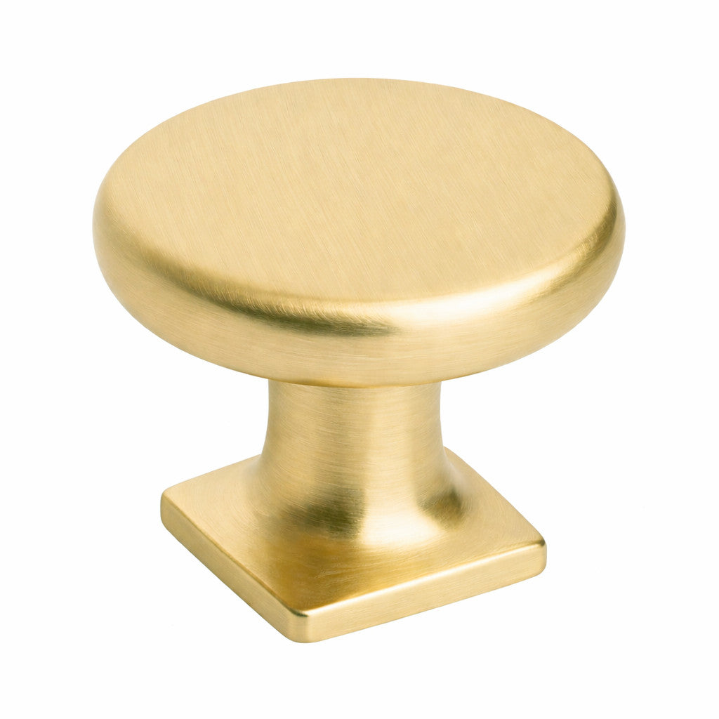 Brushed brass cabinet knob on a white background