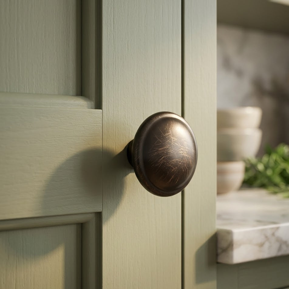 oil rubbed bronze round knob on a sage kitchen cabinet door 
