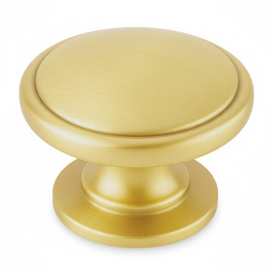 Brushed brass cabinet knob on a white background