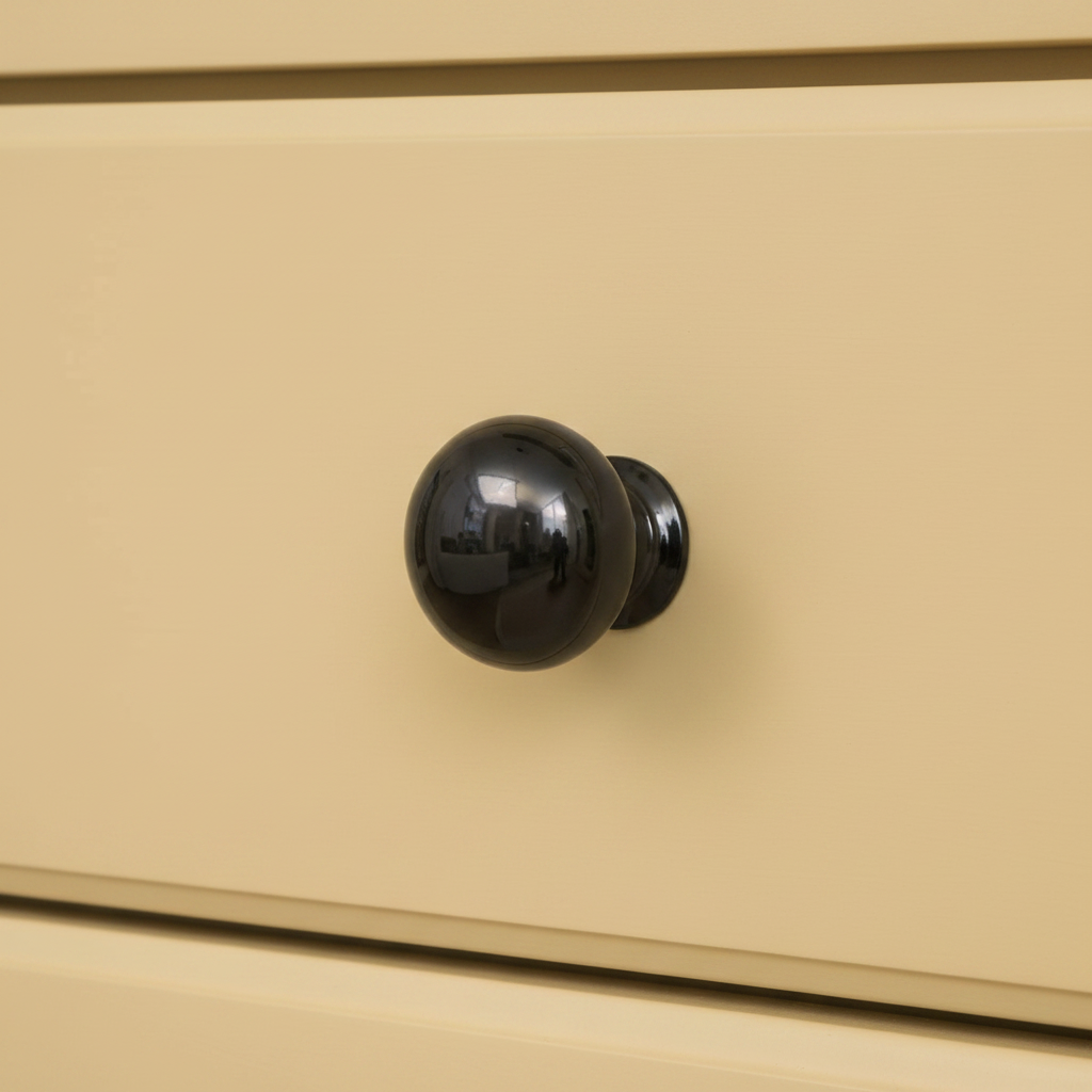 A glossy black round black drawer knob mounted on a warm yellow wooden cabinet drawer.