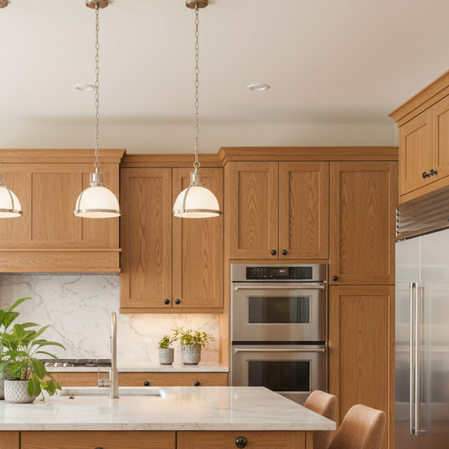 A modern kitchen interior with light oak wood cabinets, stainless steel built-in ovens, white marble countertops and backsplash, two pendant lights, and a refrigerator on the right.