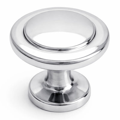 Polished chrome cabinet knob on a white background