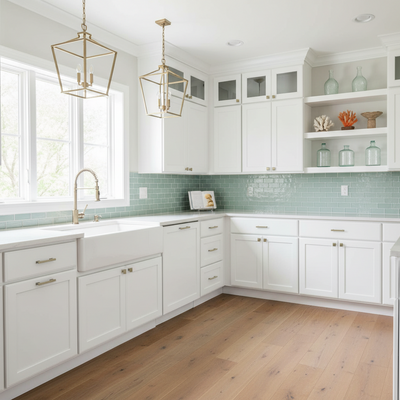 Brushed antique brass cabinet pulls in a modern kitchen with white cabinets, green backsplash, and wooden floor.