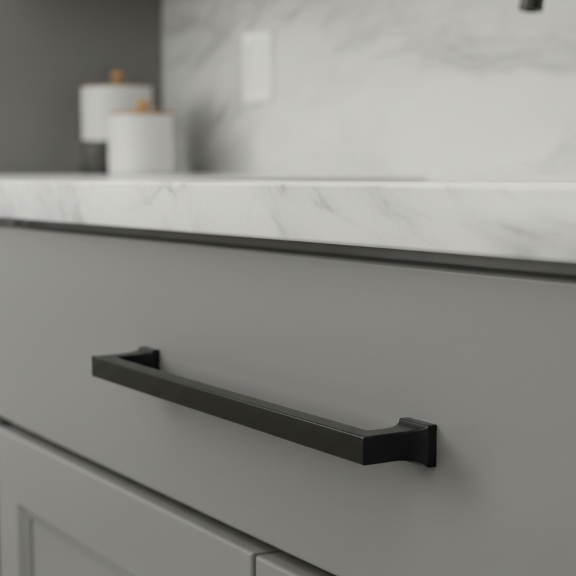 Gray cabinet with black handle in a kitchen setting