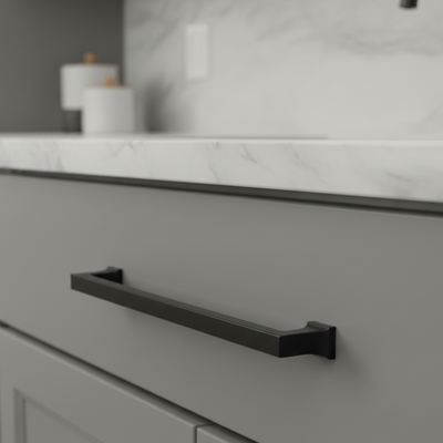 Gray cabinet with black handle in a kitchen setting